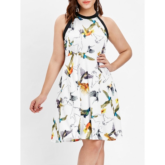Oxiuly Fashion for Curves Collection Dresses & Skirts - Plus Size Bird Pattern Vintage Look Halter Dress